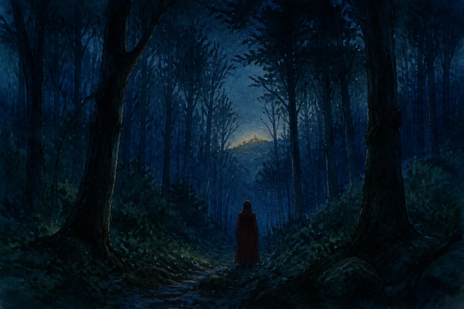 Lone figure in Dante dark wood selva oscura looking toward a distant light on a hillside