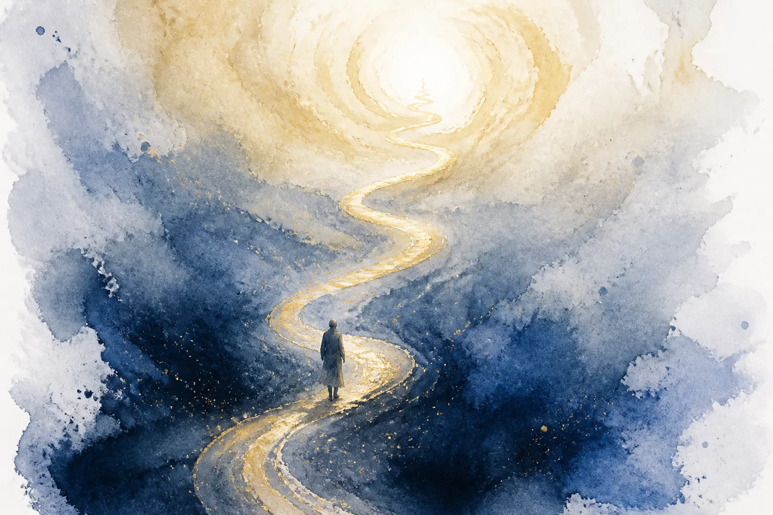 Return to God — watercolor of a figure ascending a spiraling arc from darkness toward golden light
