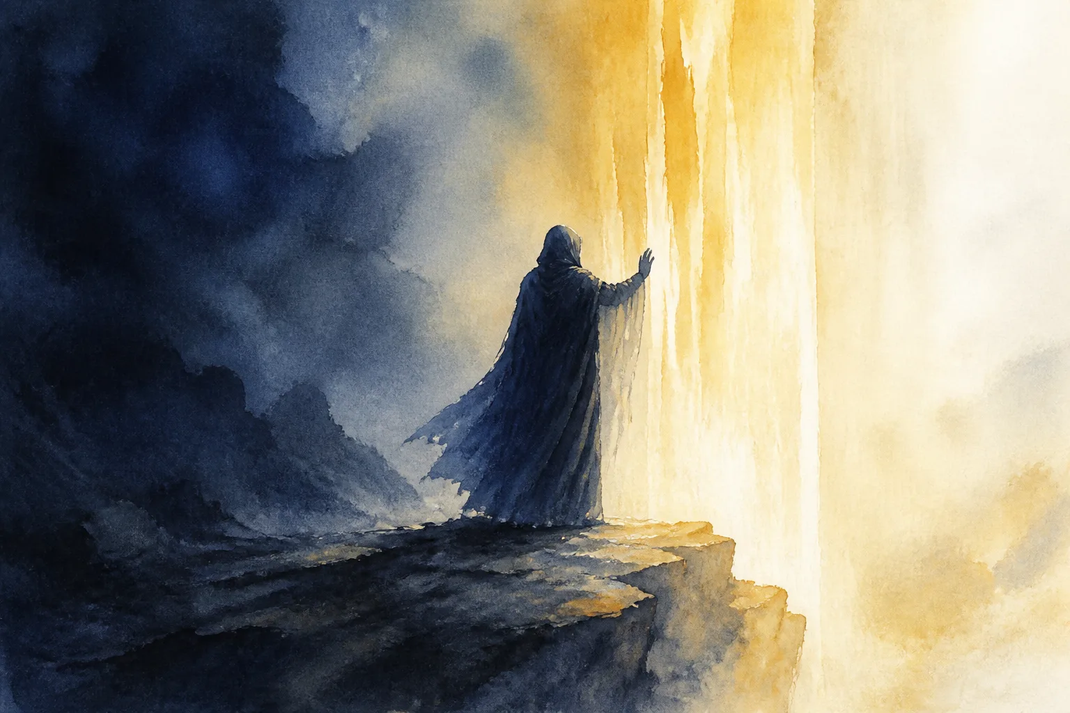 What is faith — a figure in watercolor reaches toward golden light at the threshold between reason and the unmappable